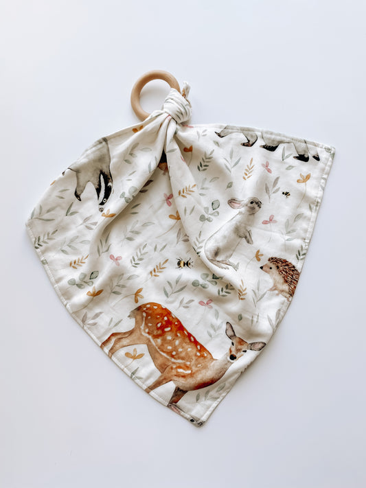 Comforter with teething ring • Woodland Print