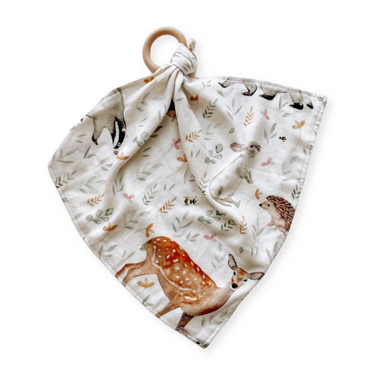 Comforter with teething ring • Woodland Animal Print