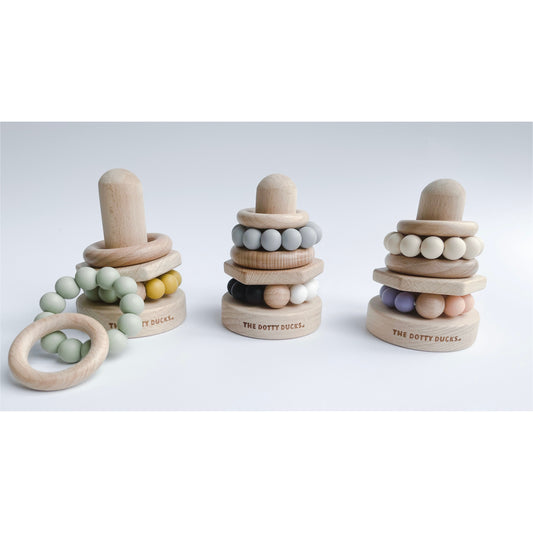 Wooden & Silicone Stacking Toy - Mustard & Sage