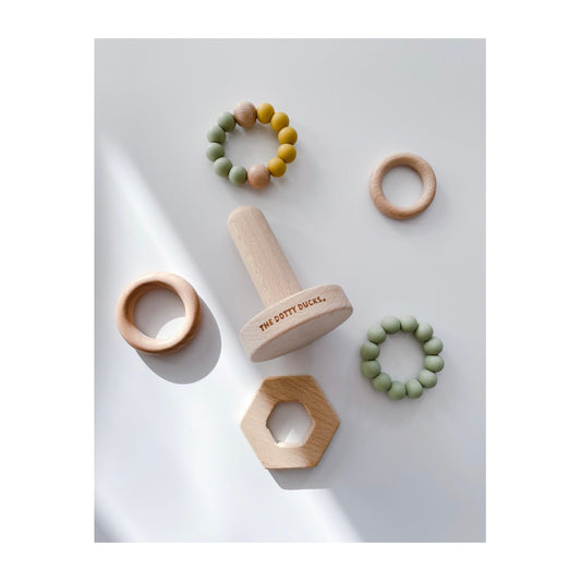 Wooden & Silicone Stacking Toy - Mustard & Sage